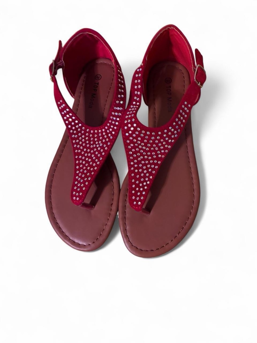 TOP Moda Red Rhinestone T‑Strap Sandals